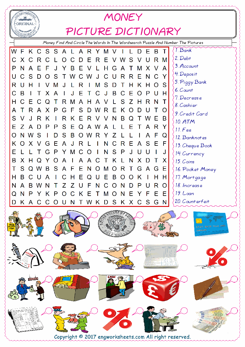 ESL wordsearch worksheets for kids, find Money words in the word wordsearch write its number on its picture English worksheet. 